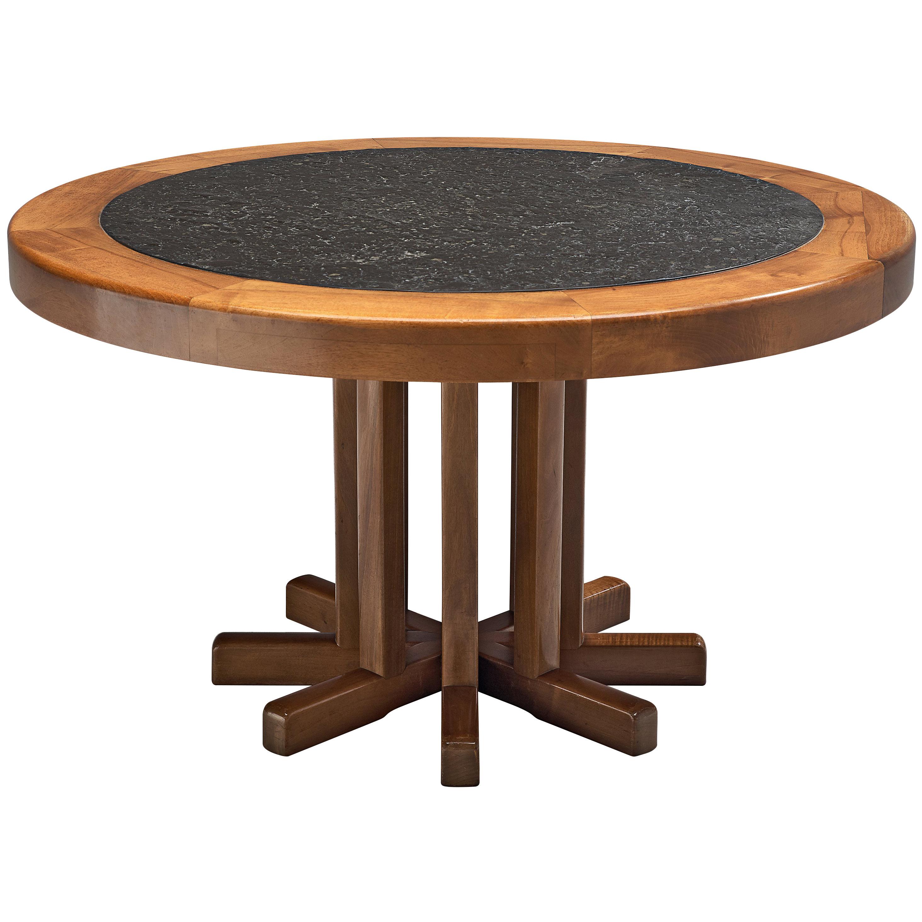 Round Solid Elm Dining Table with Slate Inlay