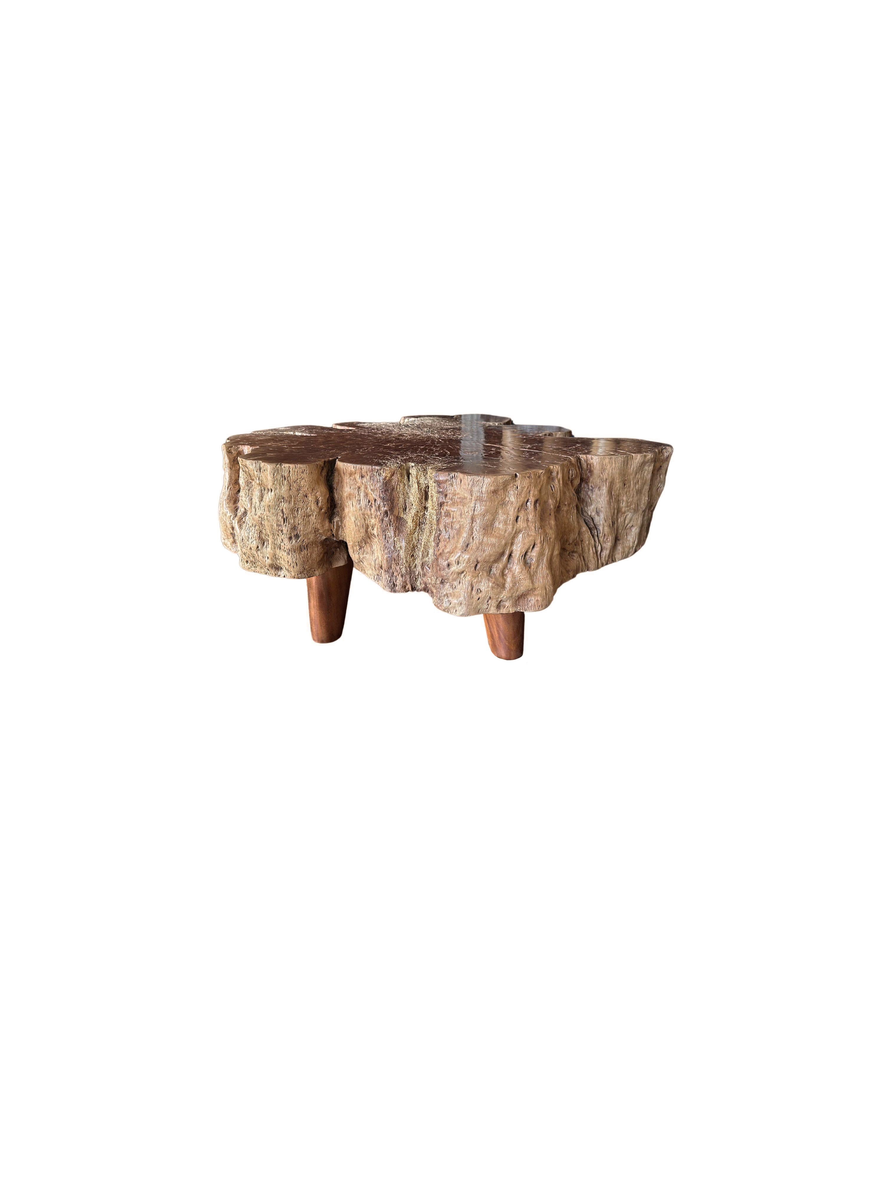 Indonesian Round Solid Lychee Wood Sofa Table, Modern Organic, Stunning Wood Textures For Sale
