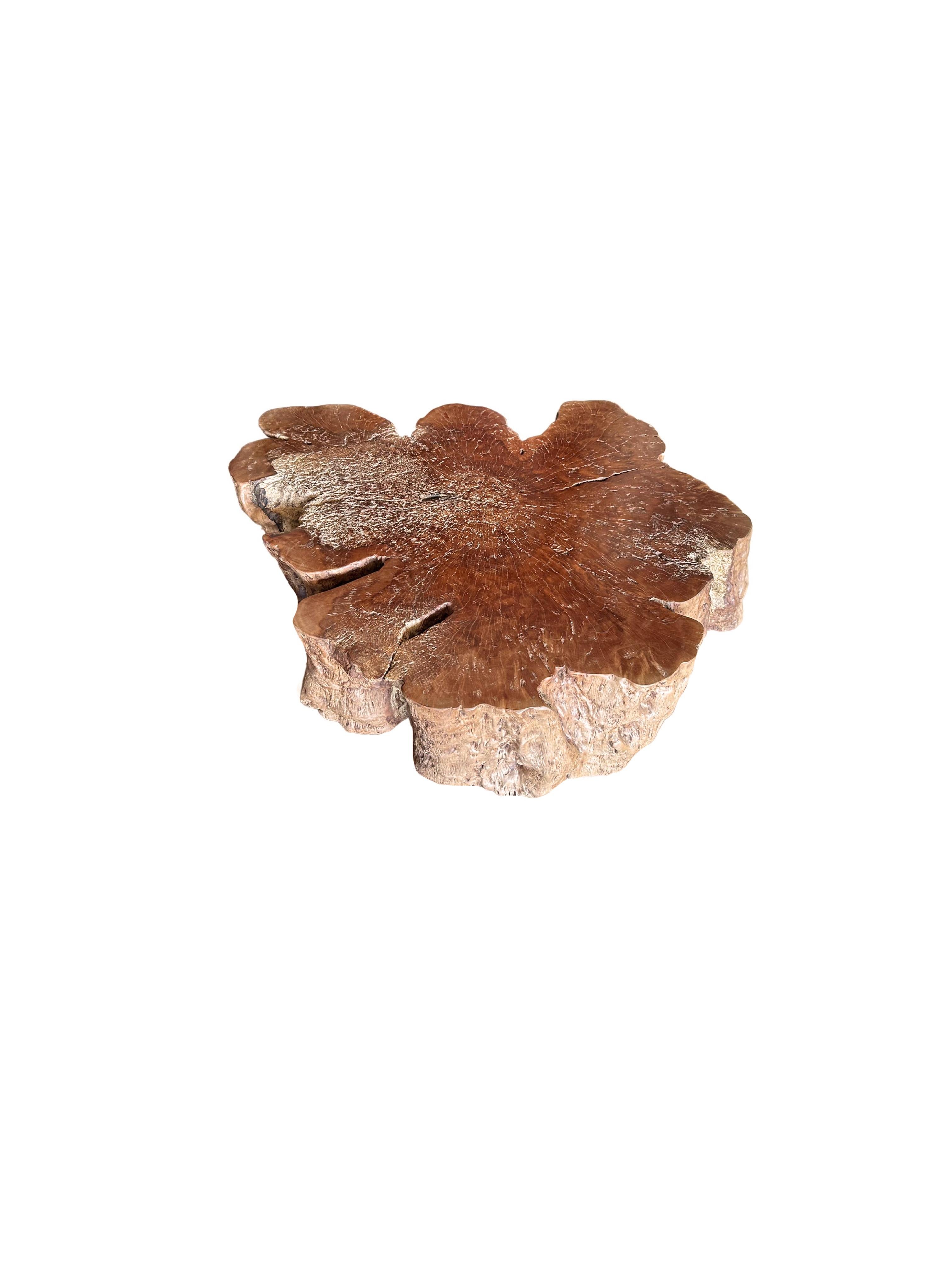 Hand-Crafted Round Solid Lychee Wood Sofa Table, Modern Organic, Stunning Wood Textures For Sale