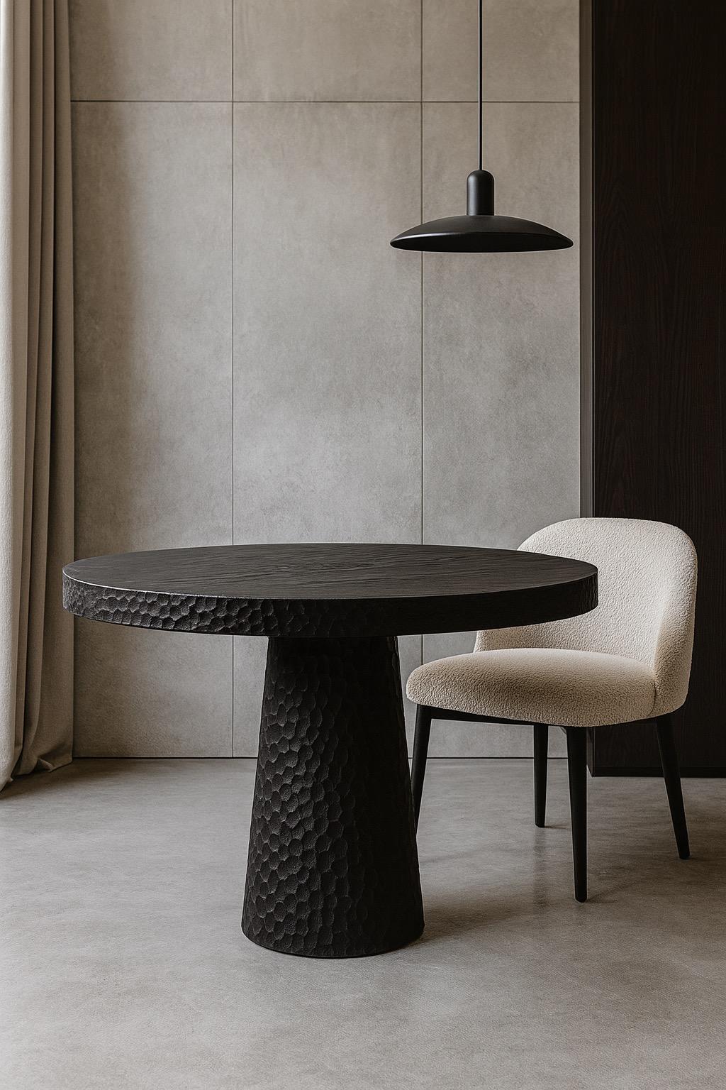 Round Solid Oak Dining Table with Hand-Carved Texture in Black by Sergio Vulpe en Nuevo estado para la venta en Burlăceni, Cahul District