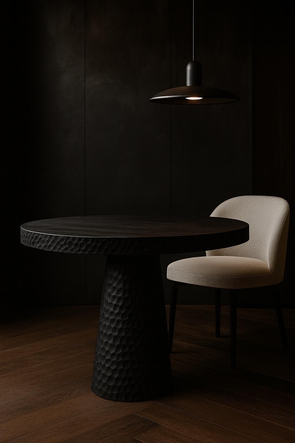 Round Solid Oak Dining Table with Hand-Carved Texture in Black by Sergio Vulpe Roble en venta