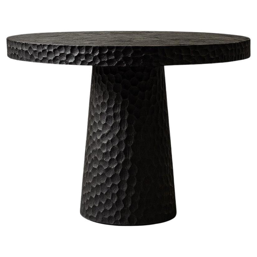 Round Solid Oak Dining Table with Hand-Carved Texture in Black by Sergio Vulpe