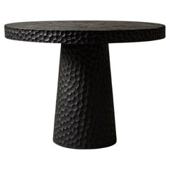 Round Solid Oak Dining Table with Hand-Carved Texture in Black by Sergio Vulpe