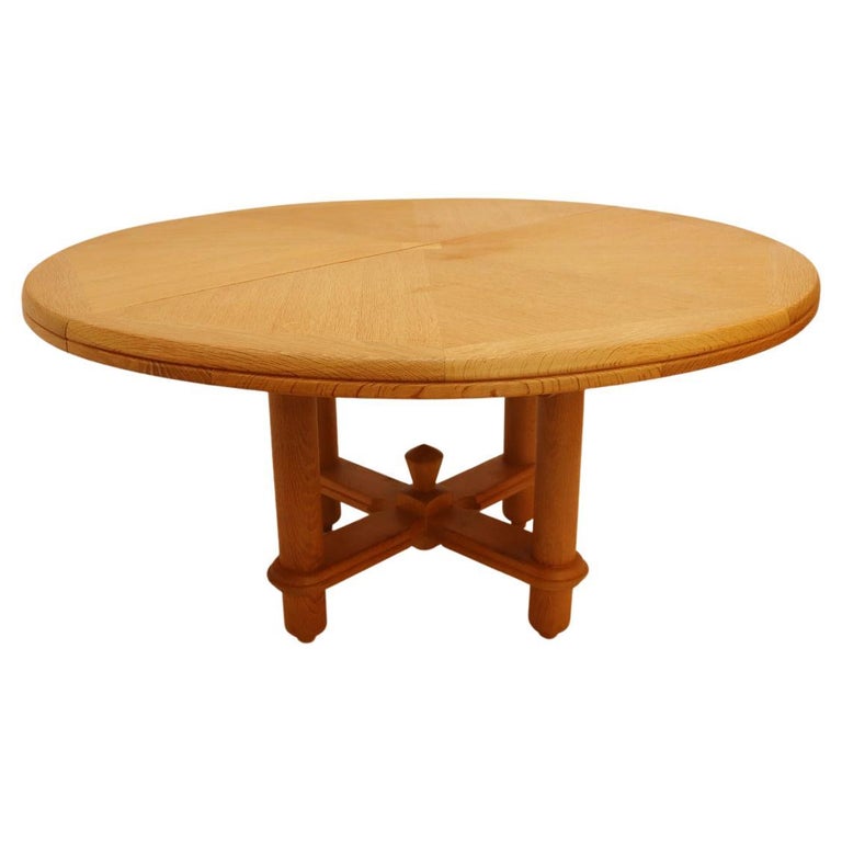 Round Solid Oak Expanding Dining Table by Guillerme and Chambron For