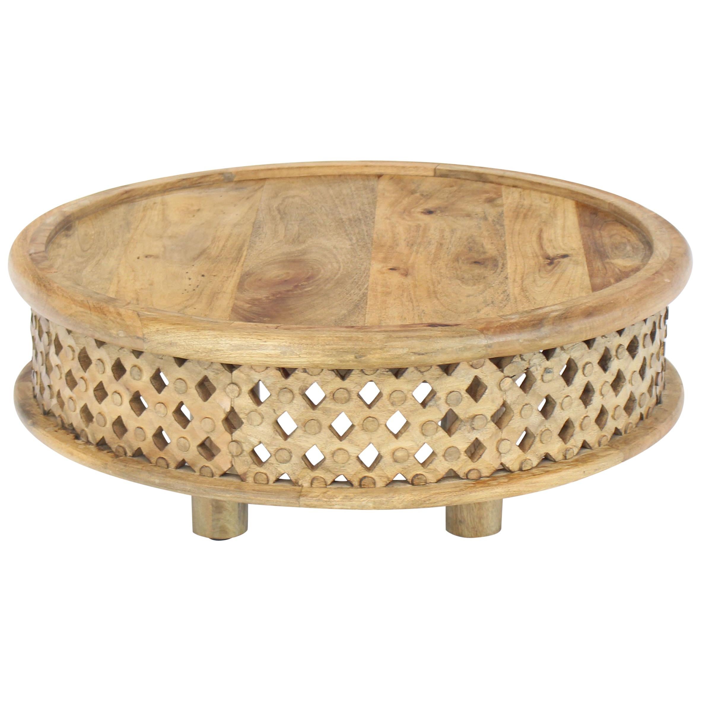 Round Solid Teak Pierced Carving Coffee Table Stand 