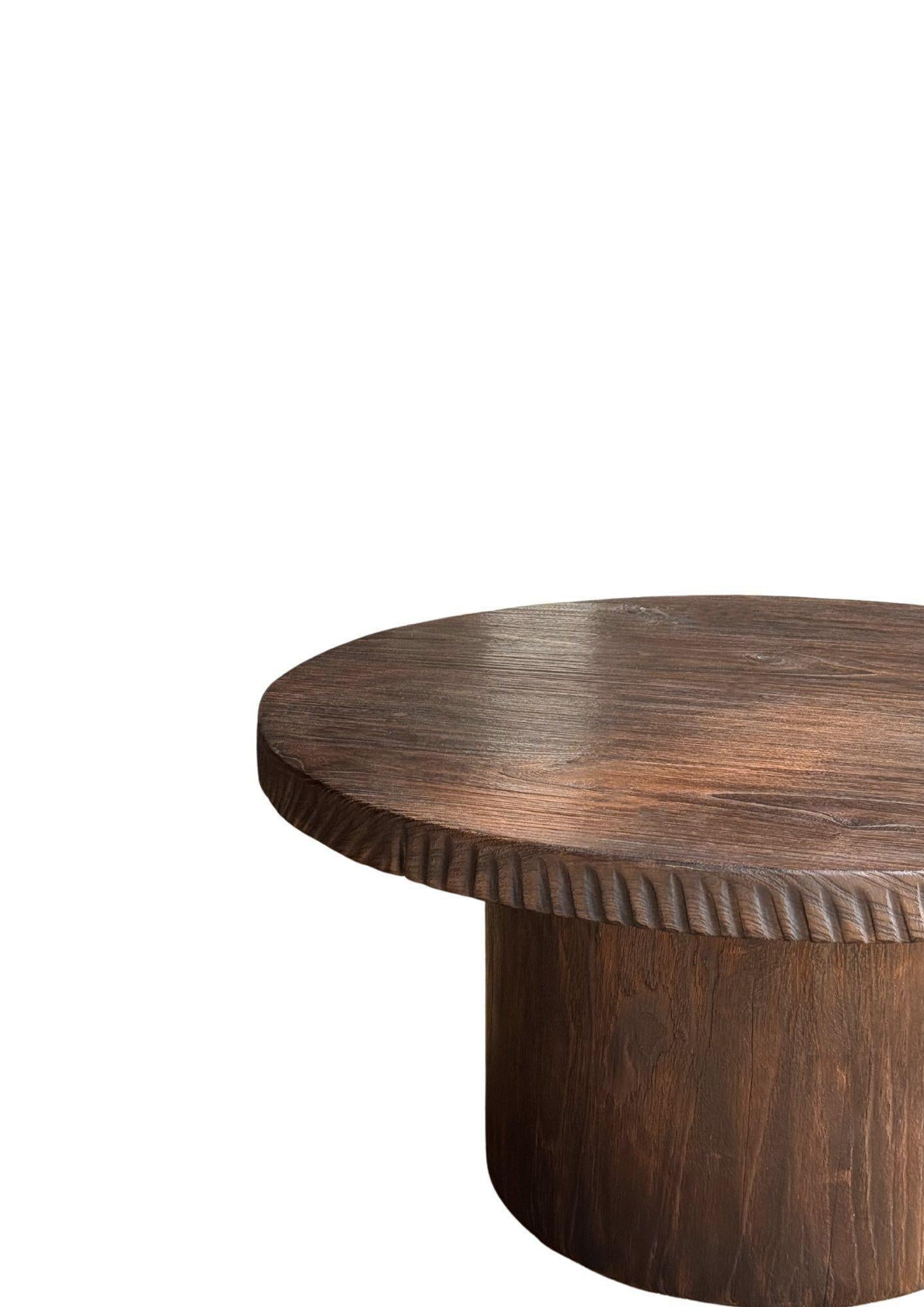 Organic Modern Round Solid Teak Wood Sofa Table, Modern Organic, Stunning Wood Textures, Burnt For Sale