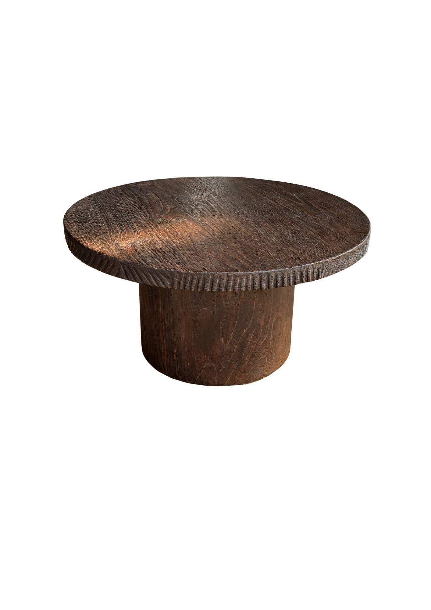 Indonesian Round Solid Teak Wood Sofa Table, Modern Organic, Stunning Wood Textures, Burnt For Sale