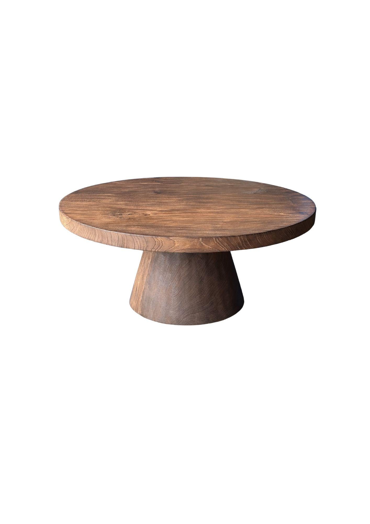 Hand-Crafted Round Solid Teak Wood Sofa Table, Modern Organic, Stunning Wood Textures, Burnt For Sale