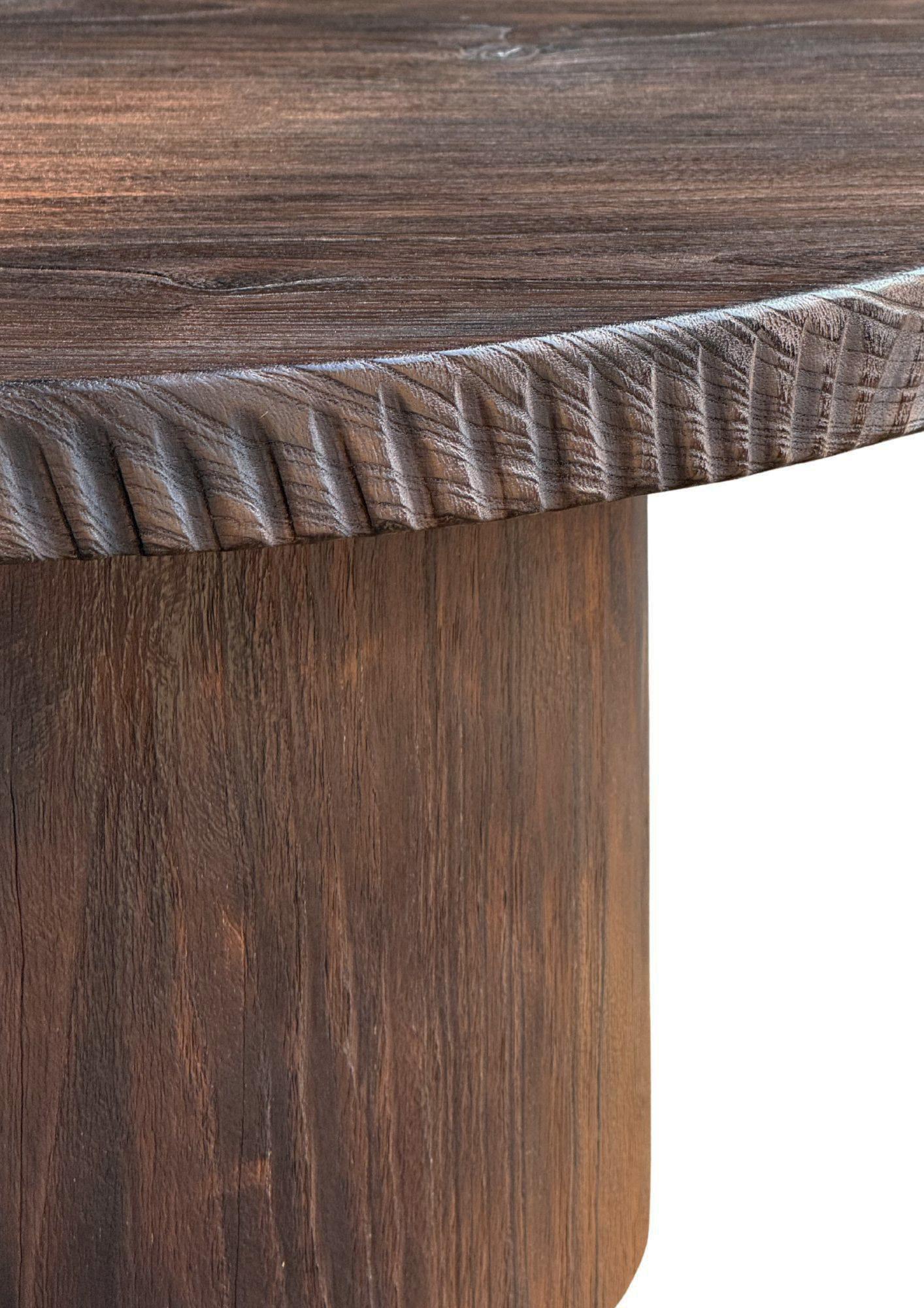 Hand-Crafted Round Solid Teak Wood Sofa Table, Modern Organic, Stunning Wood Textures, Burnt For Sale