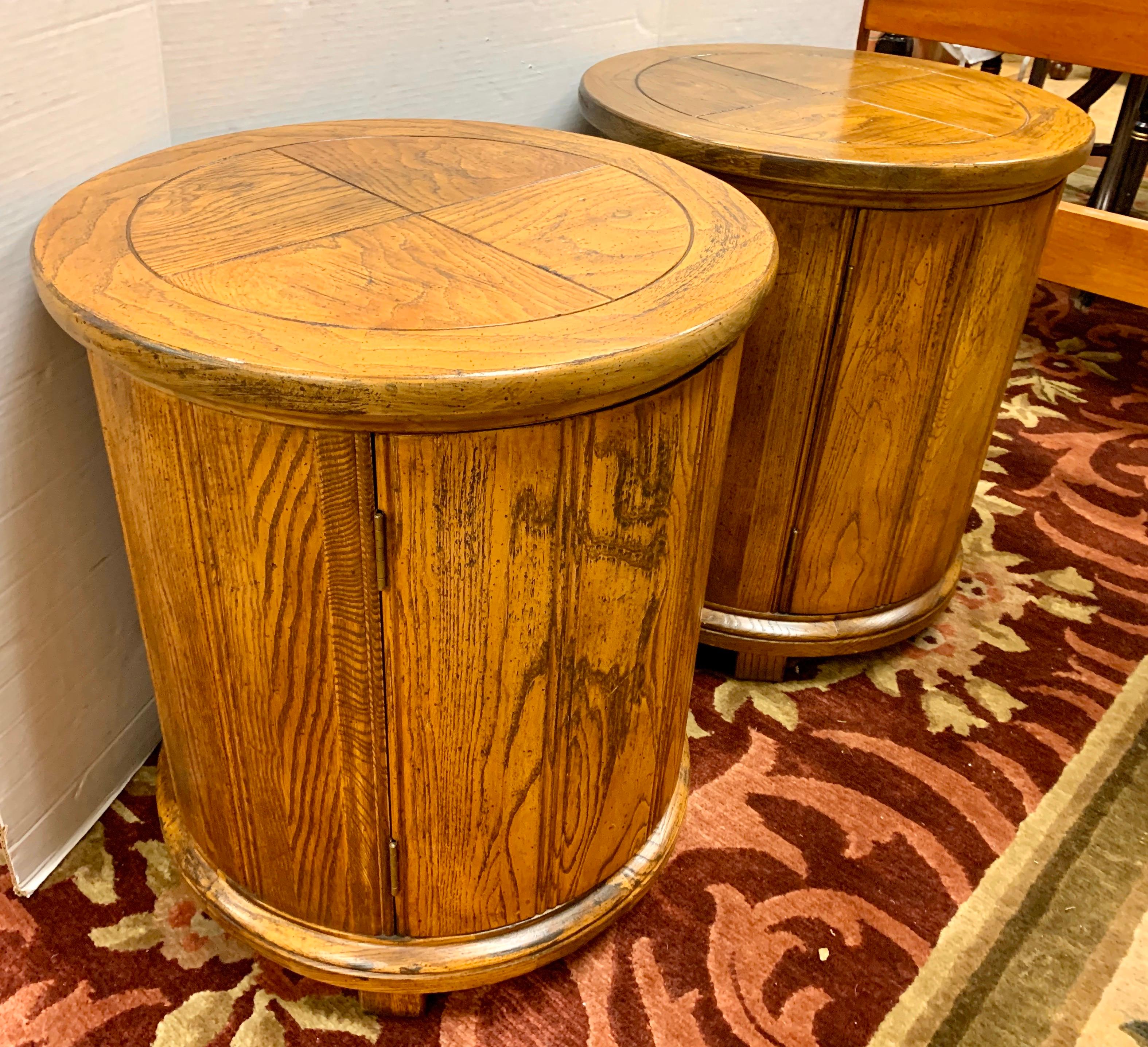 Mid-Century Modern Round Solid Wood Drum Tables, Cabinets, Nightstands, Pair