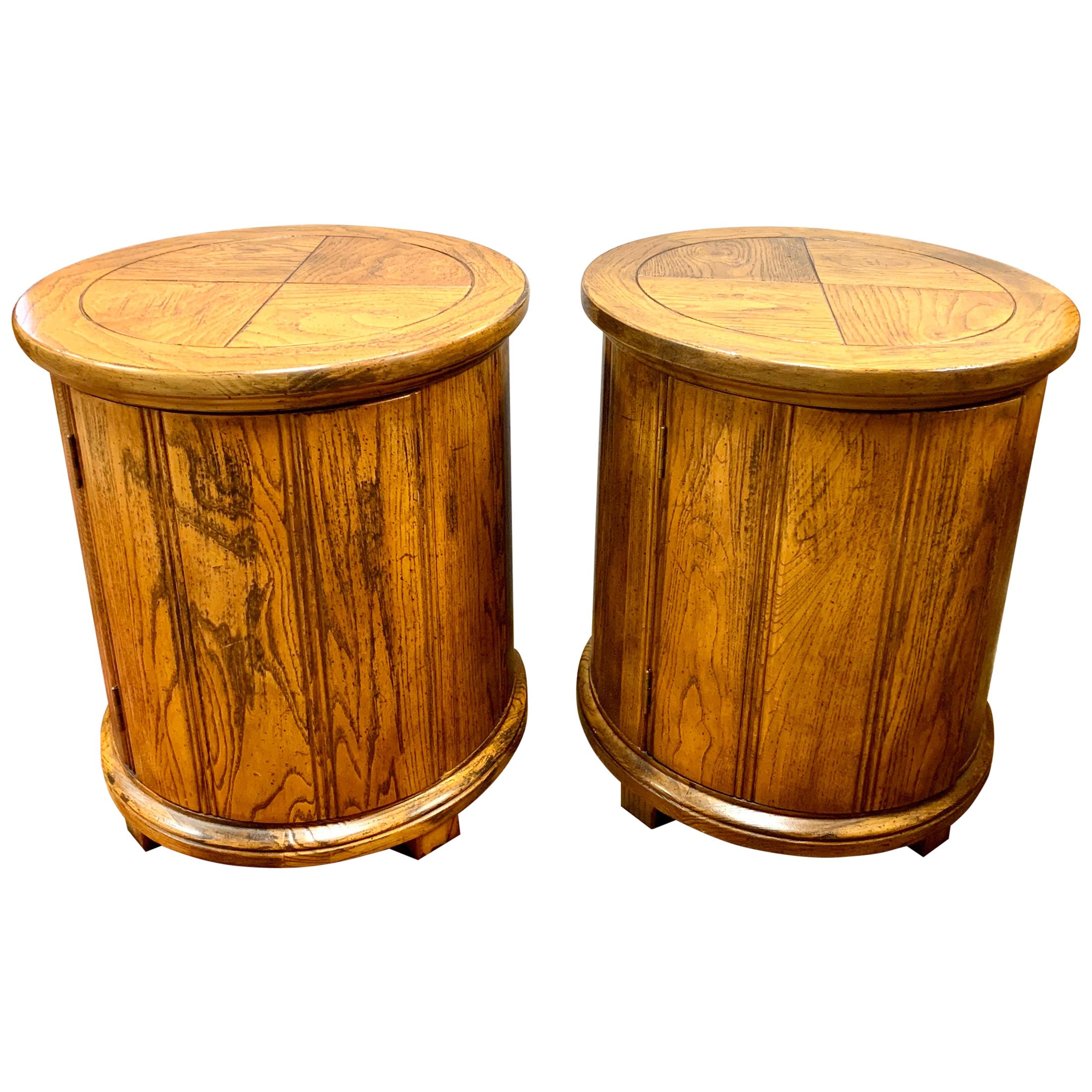 Round Solid Wood Drum Tables, Cabinets, Nightstands, Pair