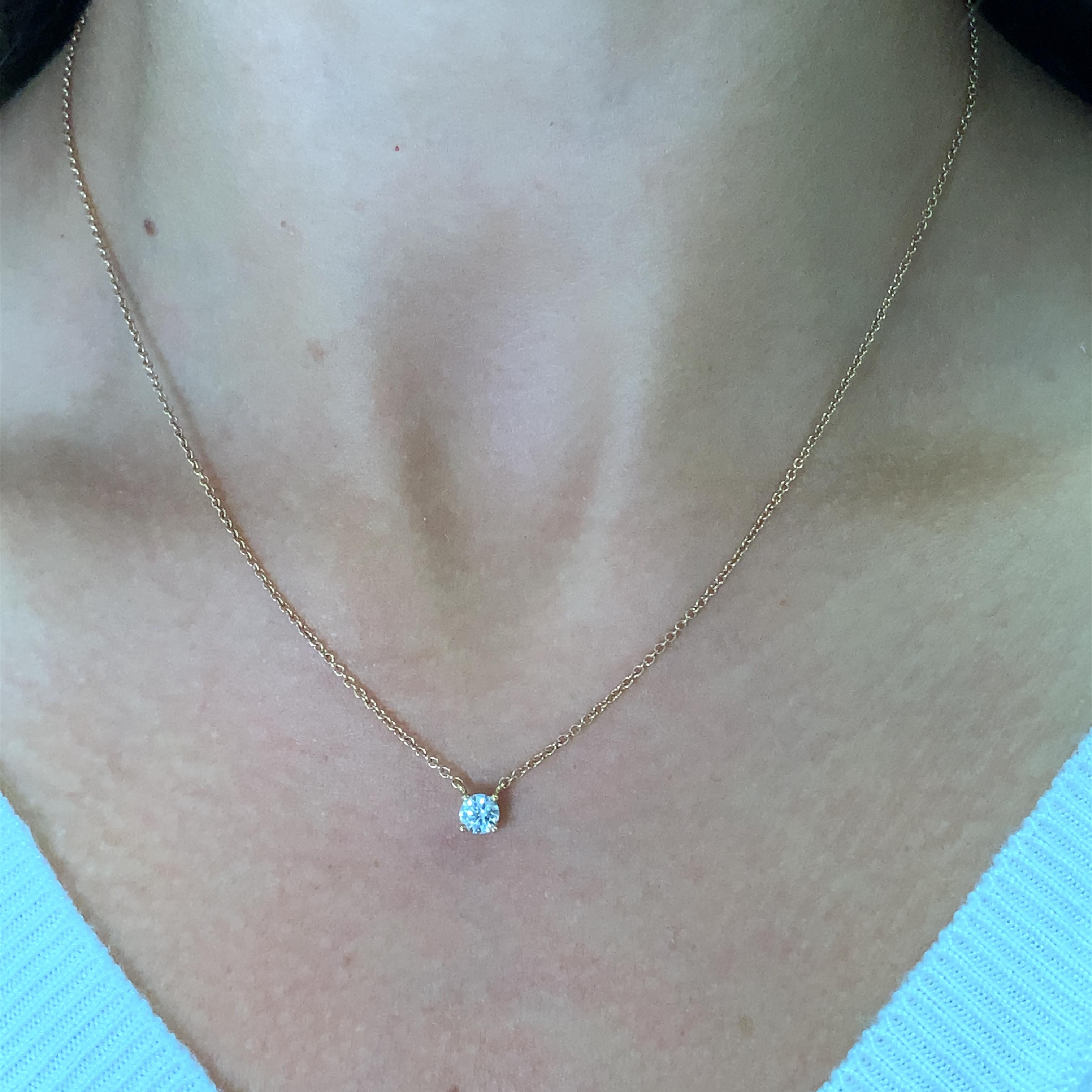 0.35ct Round diamond solitaire pendant necklace in 18CT rose gold.
Diamond total weight 0.35ct G colour VS1 clarity.
Hallmarked.
Lovely diamond solitaire pendant classic and feminine design/
Box and valuation included.
This beautiful pendant