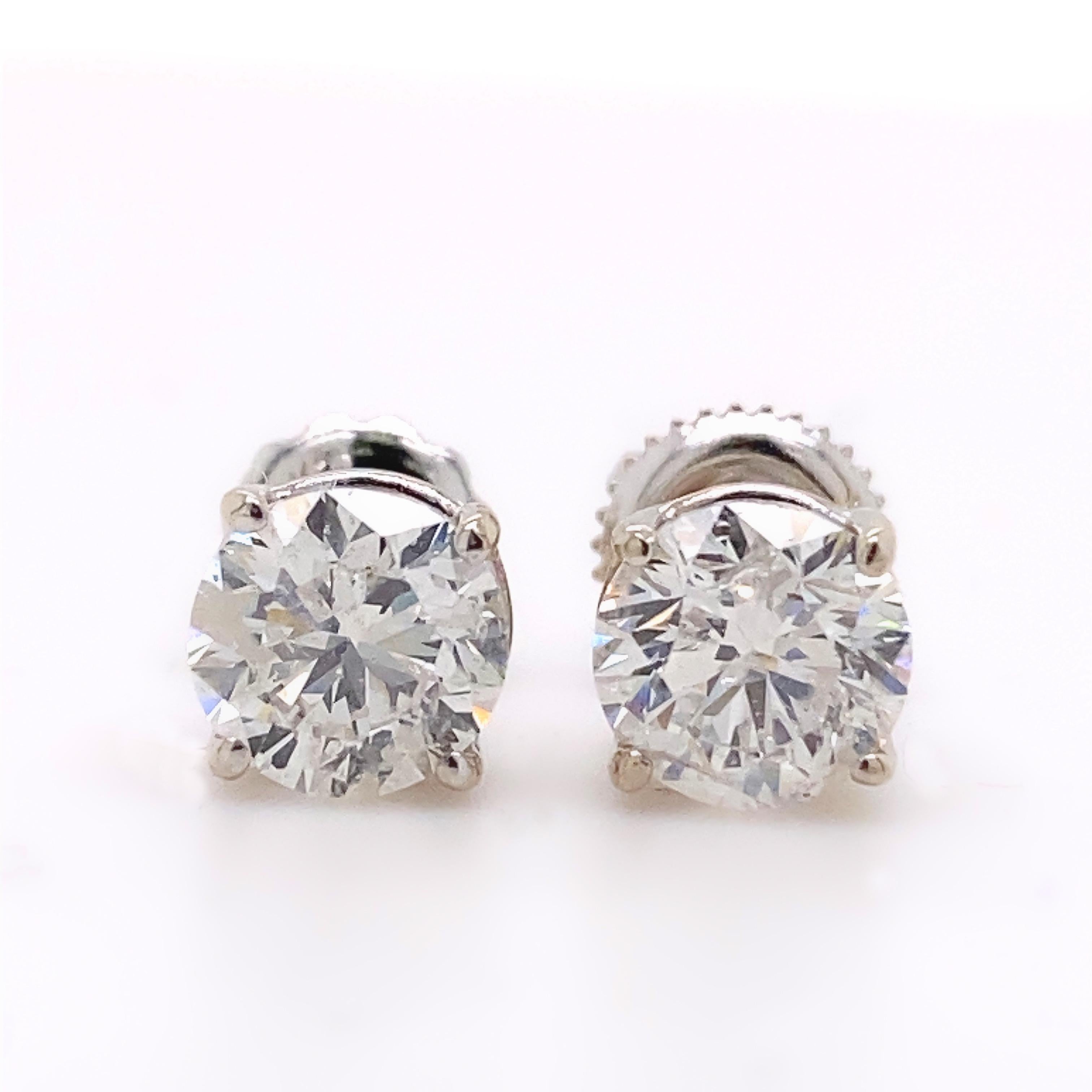 Round Solitaire Diamond Stud Earrings 1.82 Tcw Set in 14kt White Gold For Sale 1