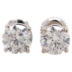 Clous d'oreilles solitaires en or blanc 14 carats avec diamants ronds de 1,82 carat