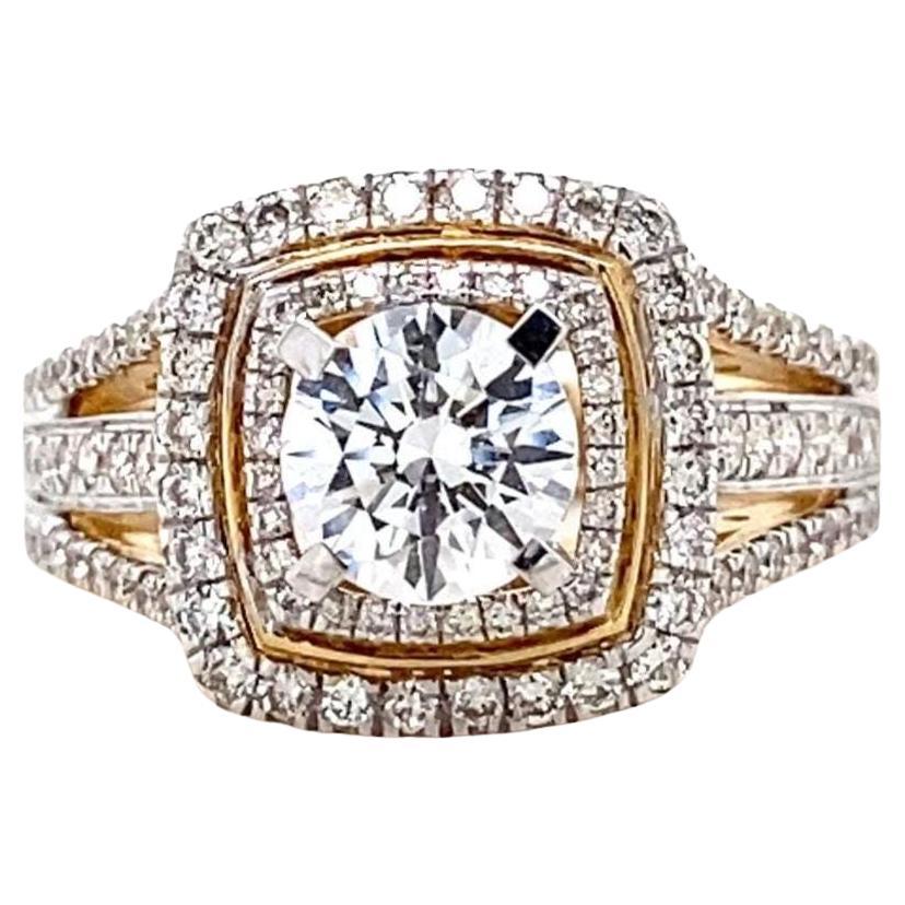 Bague de mariage en or massif 14K avec solitaire rond et halo de diamant naturel (certifié)