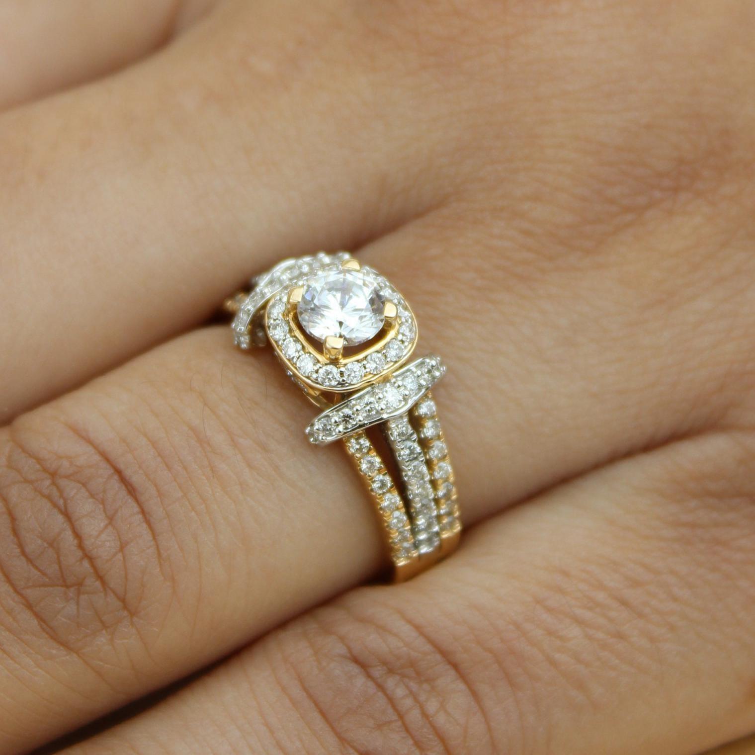 Round Solitaire Halo Natural Diamond Ring in 14k Solid Gold (Certified) Art Decó en venta