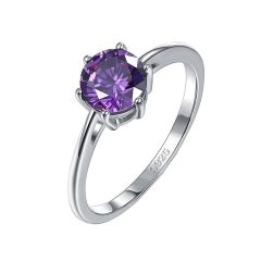 Round Solitaire Six Prong Amethyst Purple Cubic Zirconia Sterling Silver Ring