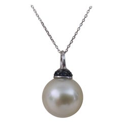 Round South Sea Pearl, Blue Shappires, Gold Pendant Necklace