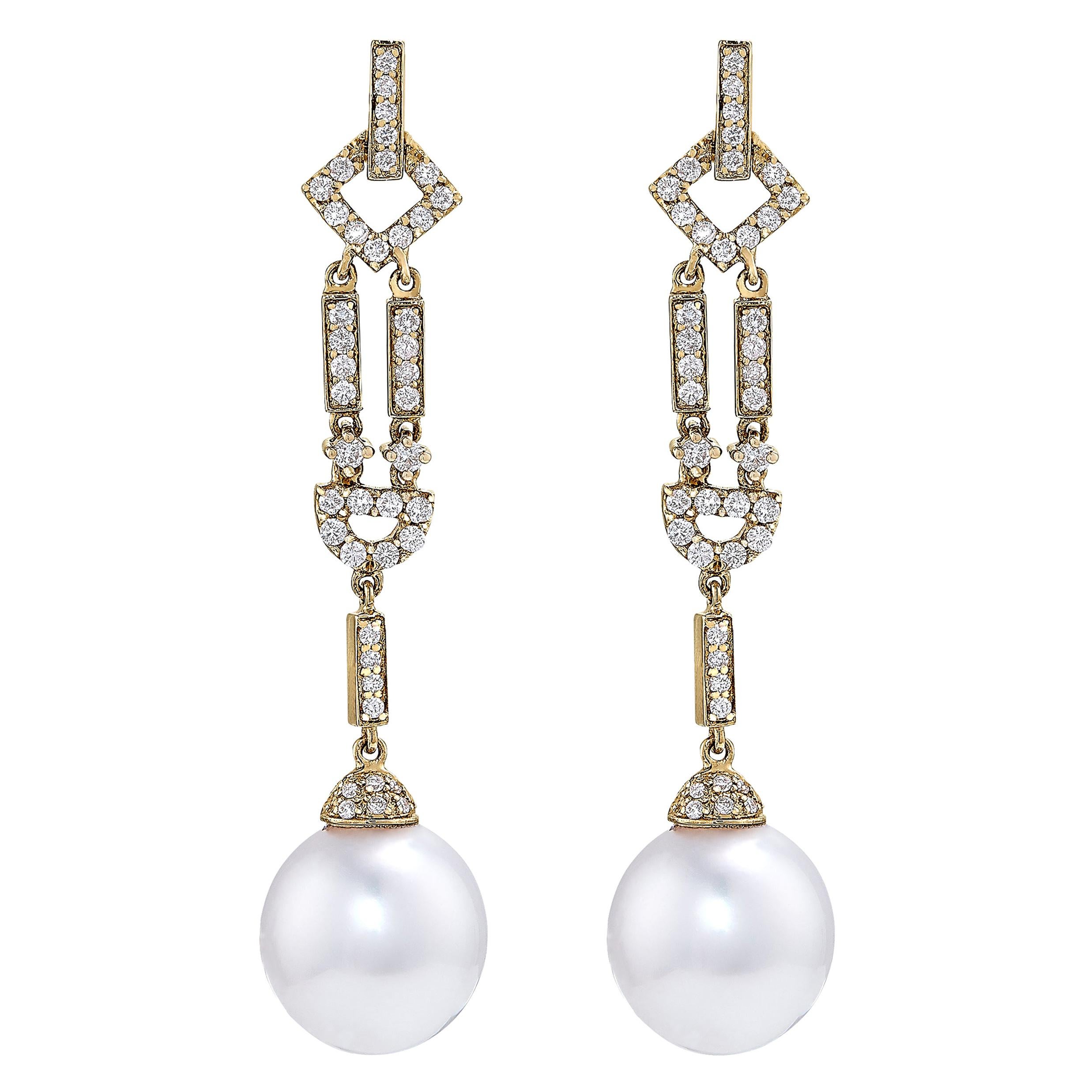 Round South Sea Pearl Drop Earrings, .69 Carat of Diamonds in 18 Karat Gold For Sale
