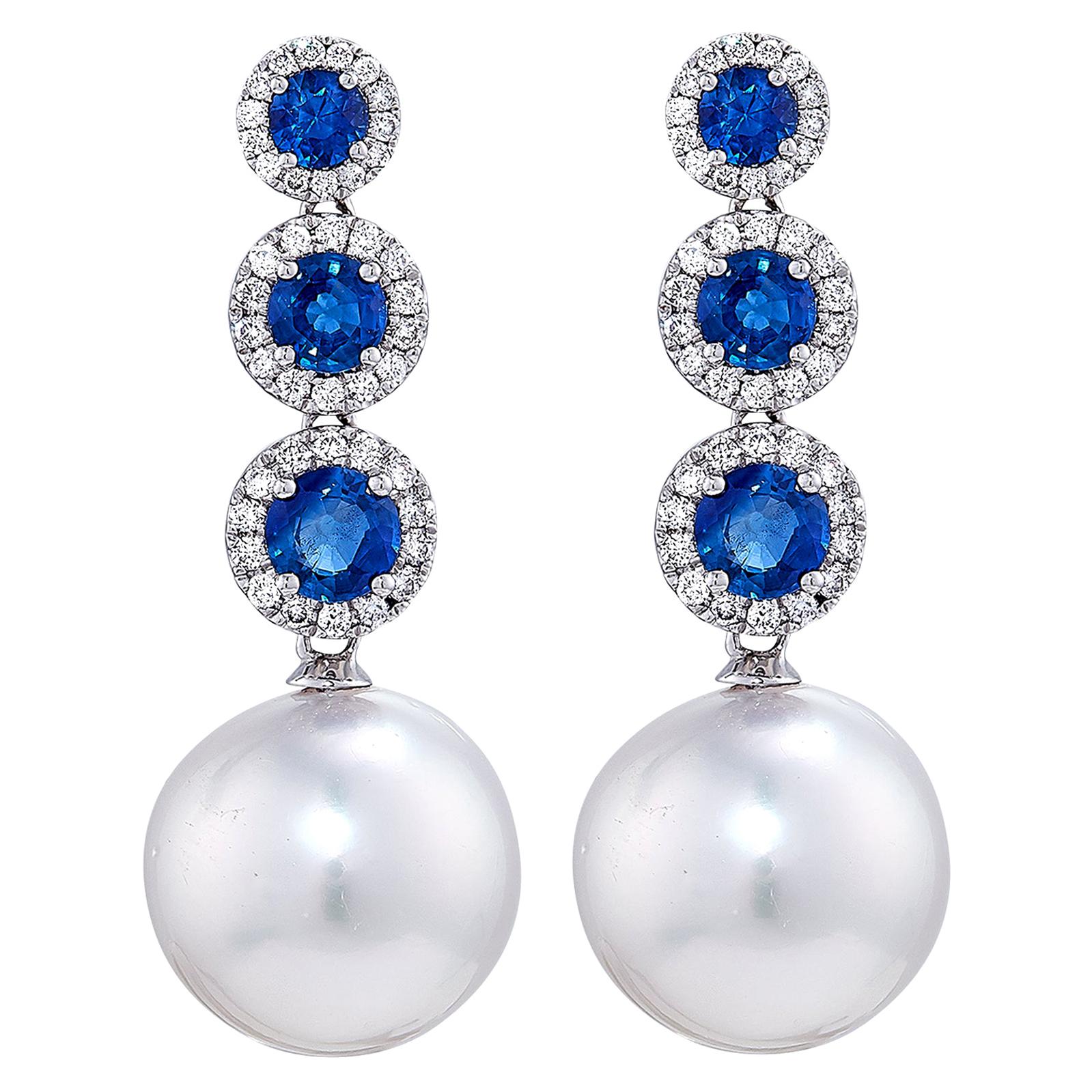 Round South Sea Pearl Earrings, 1.50 Carat of Sapphire, Diamonds in 18 Karat For Sale