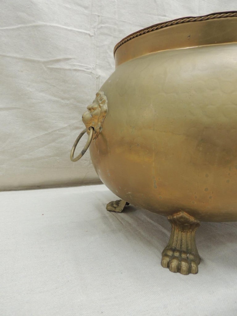Round Spanish Cauldron Fireplace Log Brass Lion Paws and Lion Heads For