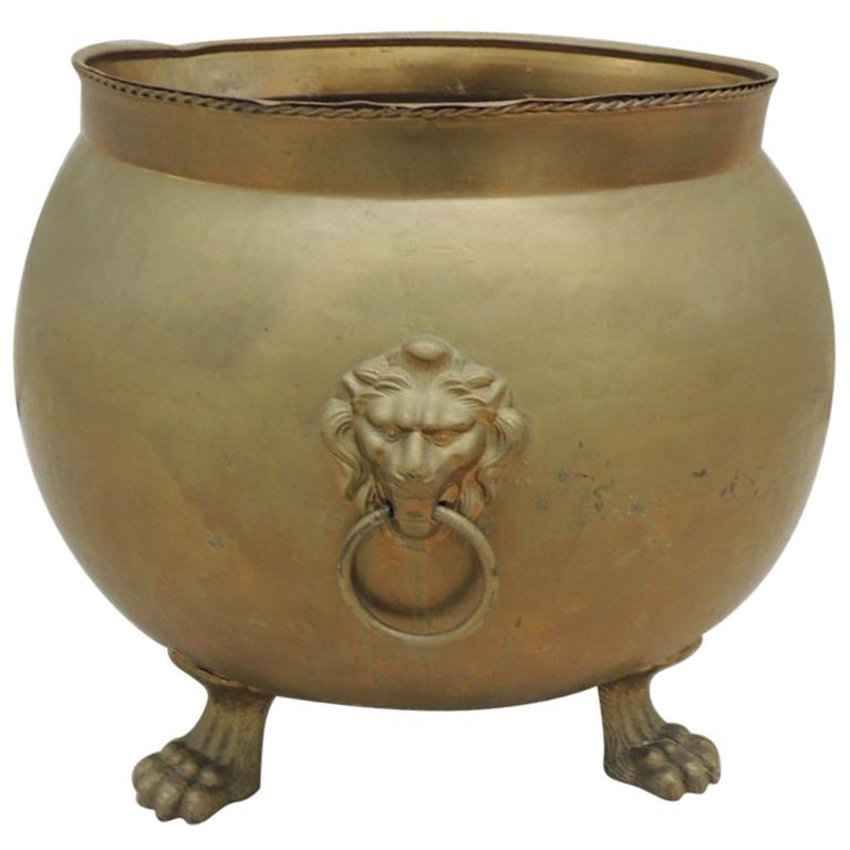 Round Spanish Cauldron Fireplace Log Brass Lion Paws and Lion Heads