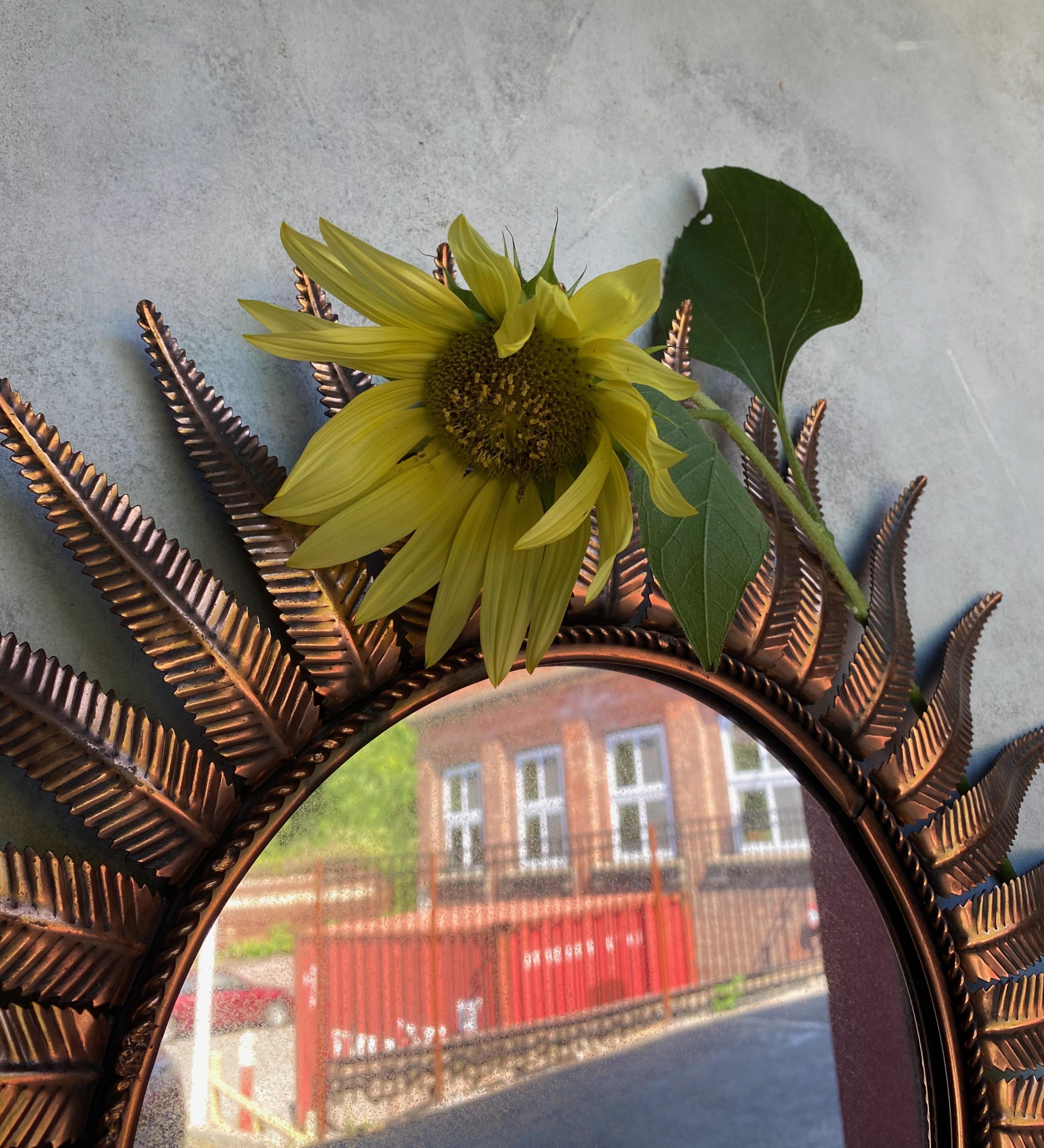 Round Spanish Copper Plated Metal Sunburst Mirror with Fern Leaf Frame 2