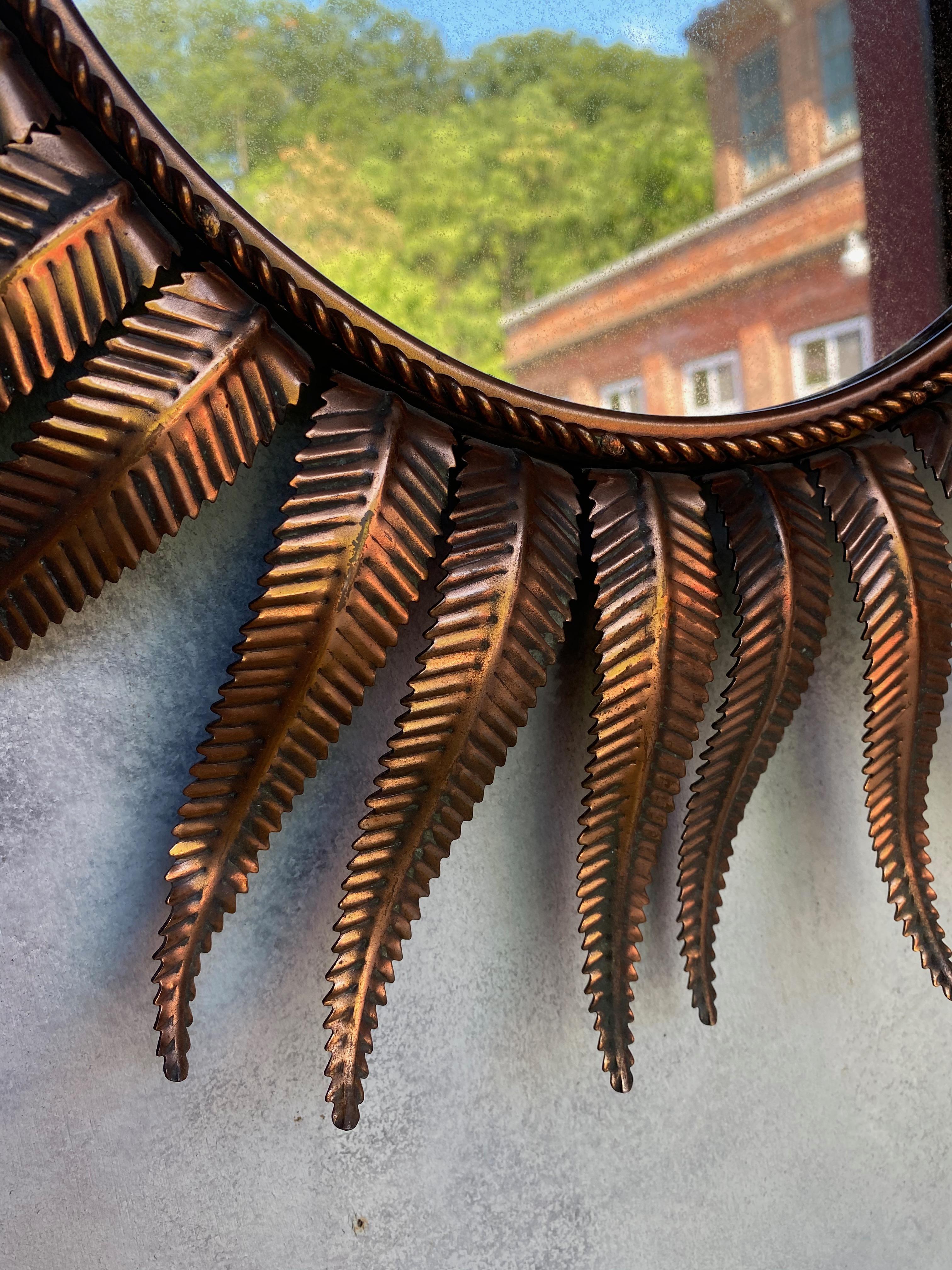 Round Spanish Copper Plated Metal Sunburst Mirror with Fern Leaf Frame In Good Condition In Buchanan, NY