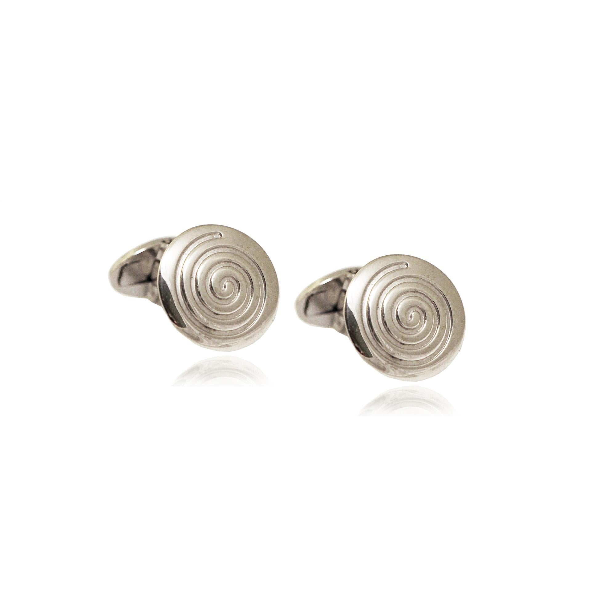 Round Spiral Greek Circle of Life Debossed Cufflinks Handcrafted 14Kt White Gold In New Condition For Sale In Athens, GR