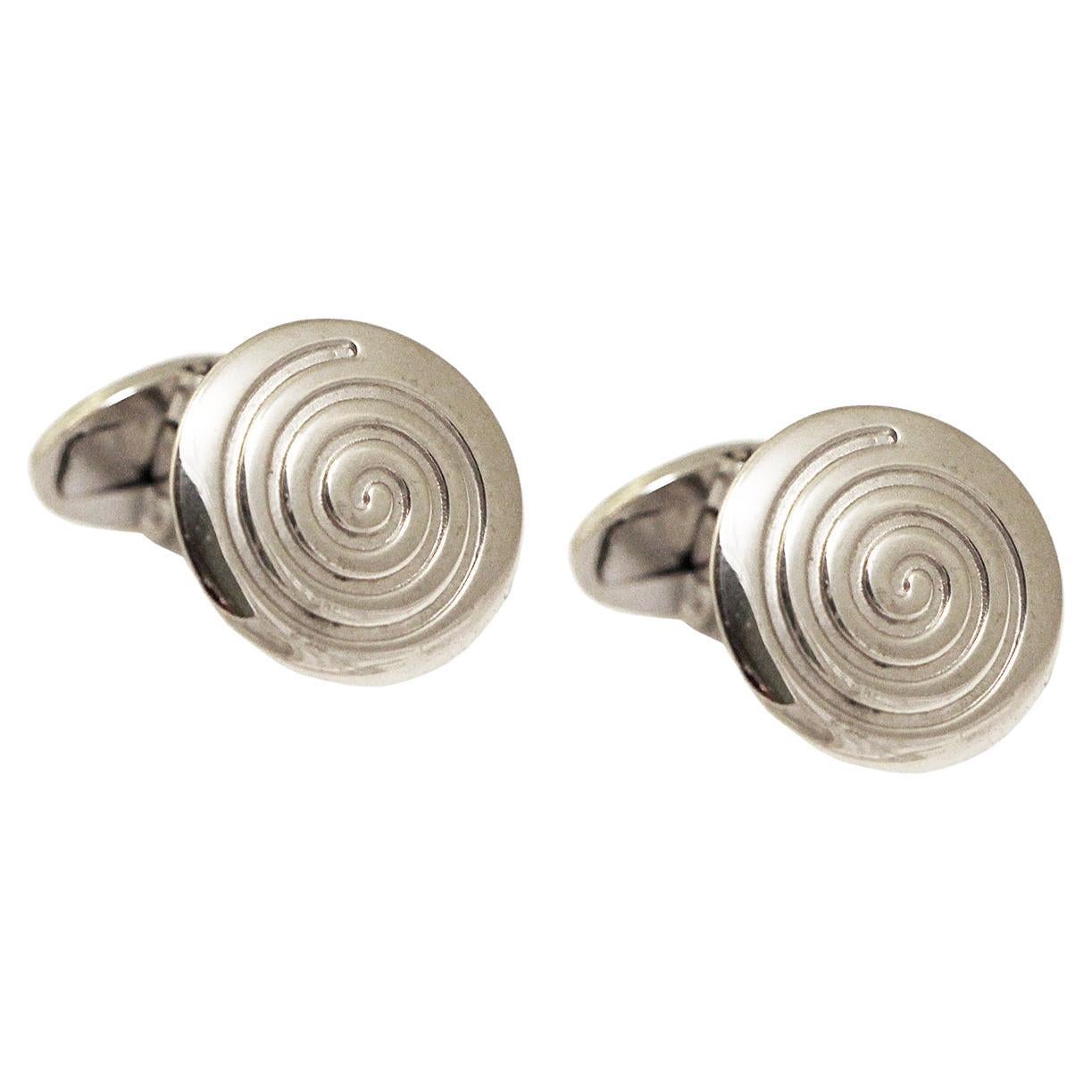 Round Spiral Greek Circle of Life Debossed Cufflinks Handcrafted 14Kt White Gold For Sale