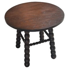 Antique Round Spool Leg Oak Side Table, England, 19th Century