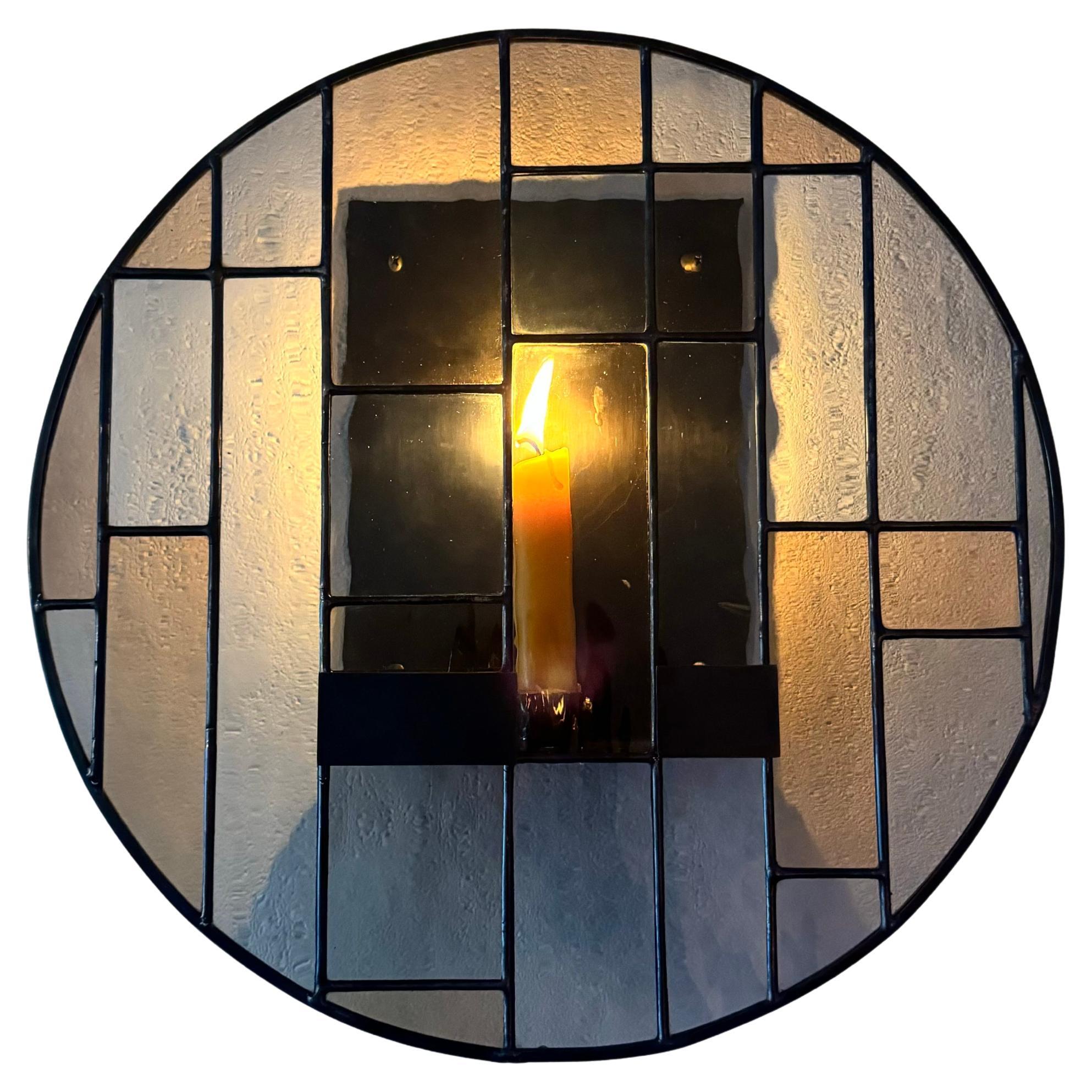 Round Stained Glass Candle Sconce: Wavy Glass and Steel in Dark Bronze Finish