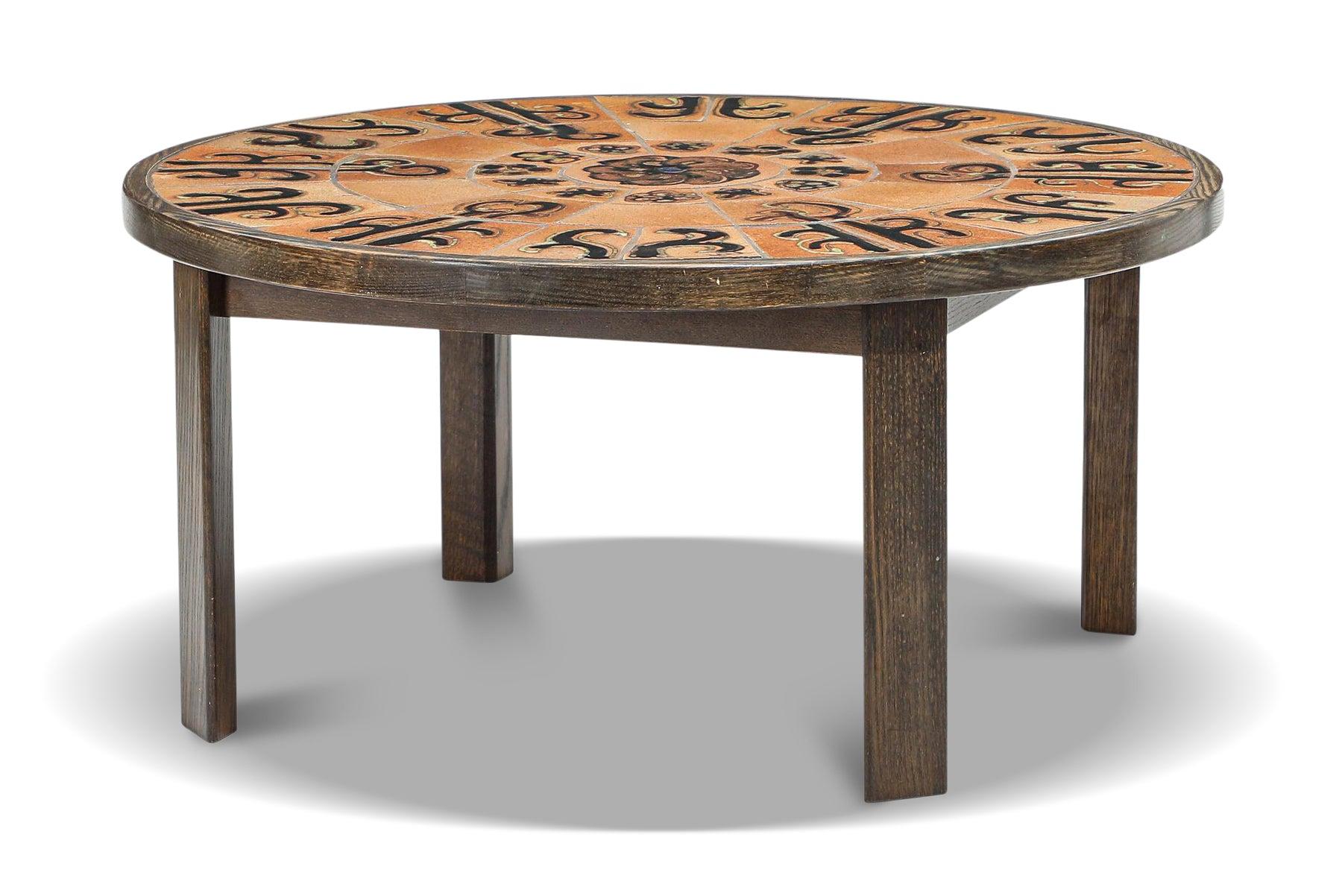 Danish Round Stained Oak + Tile Coffee Table by Tue Poulsen