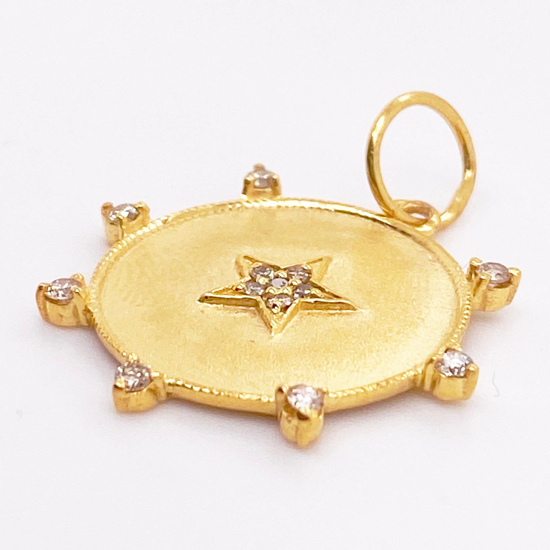 The five pointed diamond star pendant is on a round disk that has diamonds around the edges. This gorgeous pendant is perfect on a chain or a charm bracelet. Your star will shine for all time! Brilliant, brilliant, brilliant design! The details for