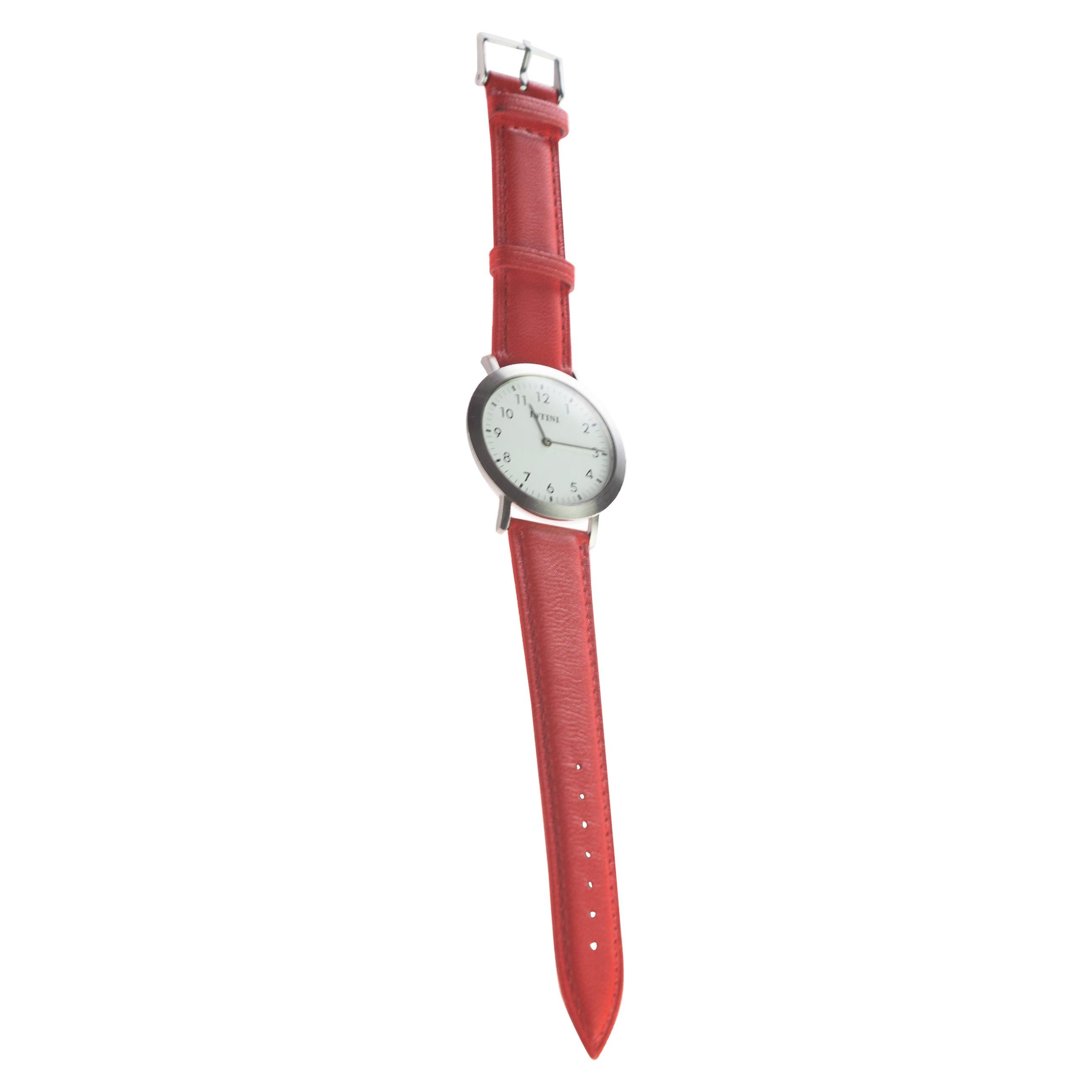 Montre-bracelet vintage manuelle en acier, quartz, mouvements à quartz et coutures en cuir rouge
