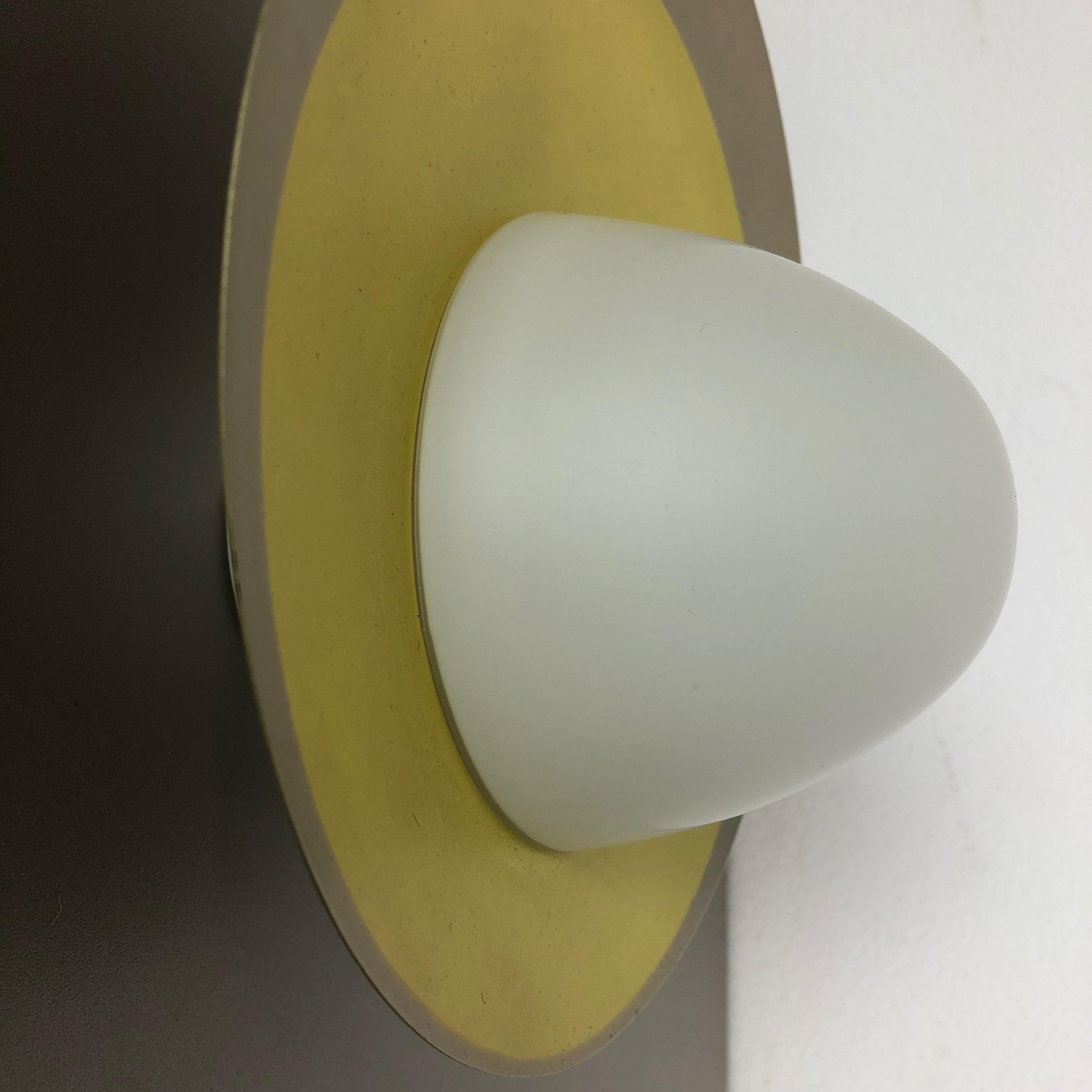 Round Stilnovo Style Metal Opaline Glass Wall Light Sconces, Italy, 1960s For Sale 6