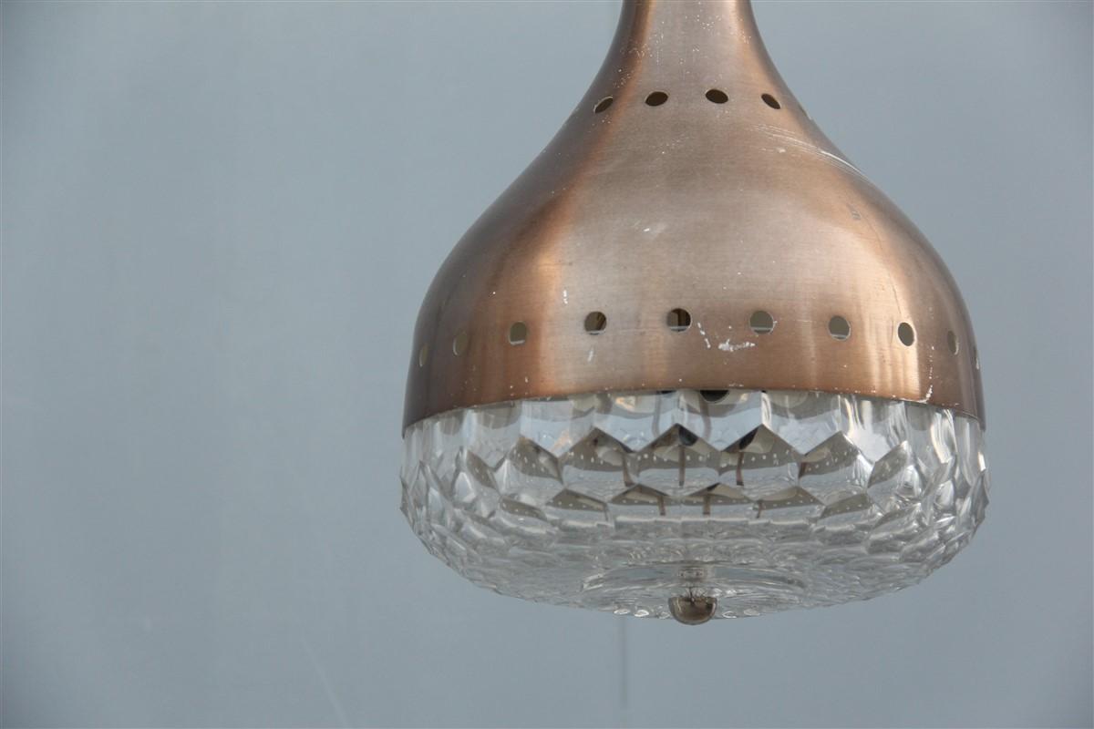 Round Stilux midcentury lantern aluminum brown crystal diamond Italian design.
It has some scratches on the metal part as can be seen in the photo.
2 light bulbs E27 Max 100 watt each.