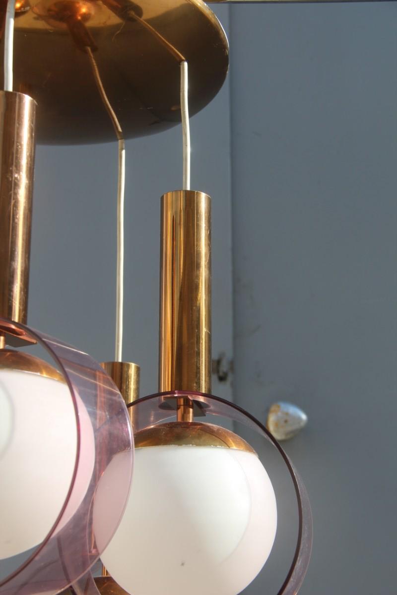 Round Stilux Milano Midcentury Chandelier Brass Plexiglass Gold Italian Design For Sale 4