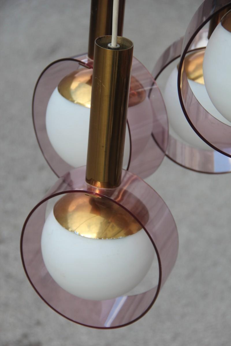 Round Stilux Milano Midcentury Chandelier Brass Plexiglass Gold Italian Design For Sale 9