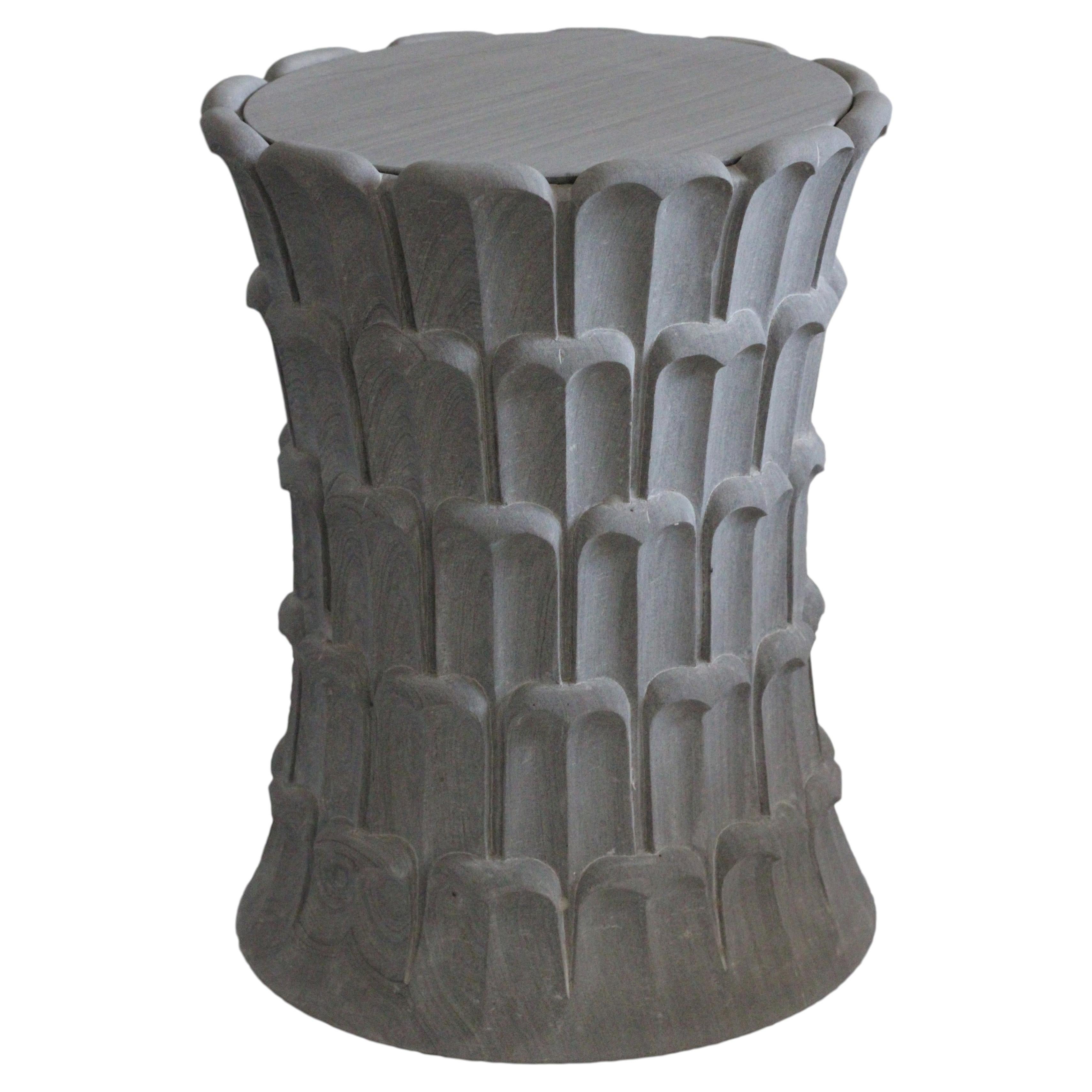 Round Stone Accent Table (Agate), Hand-Carved Palm Table For Sale