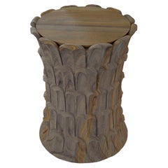 Round Stone Accent Table (Teak Stone), Hand-Carved Palm Table