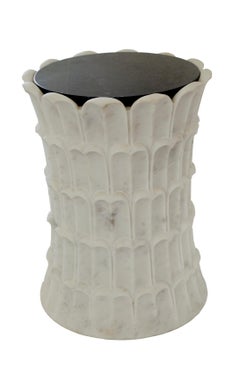 Round Stone Accent Table (White Marble), Hand-Carved Palm Table