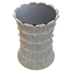 Round Stone Accent Table (White Marble), Hand-Carved Palm Table