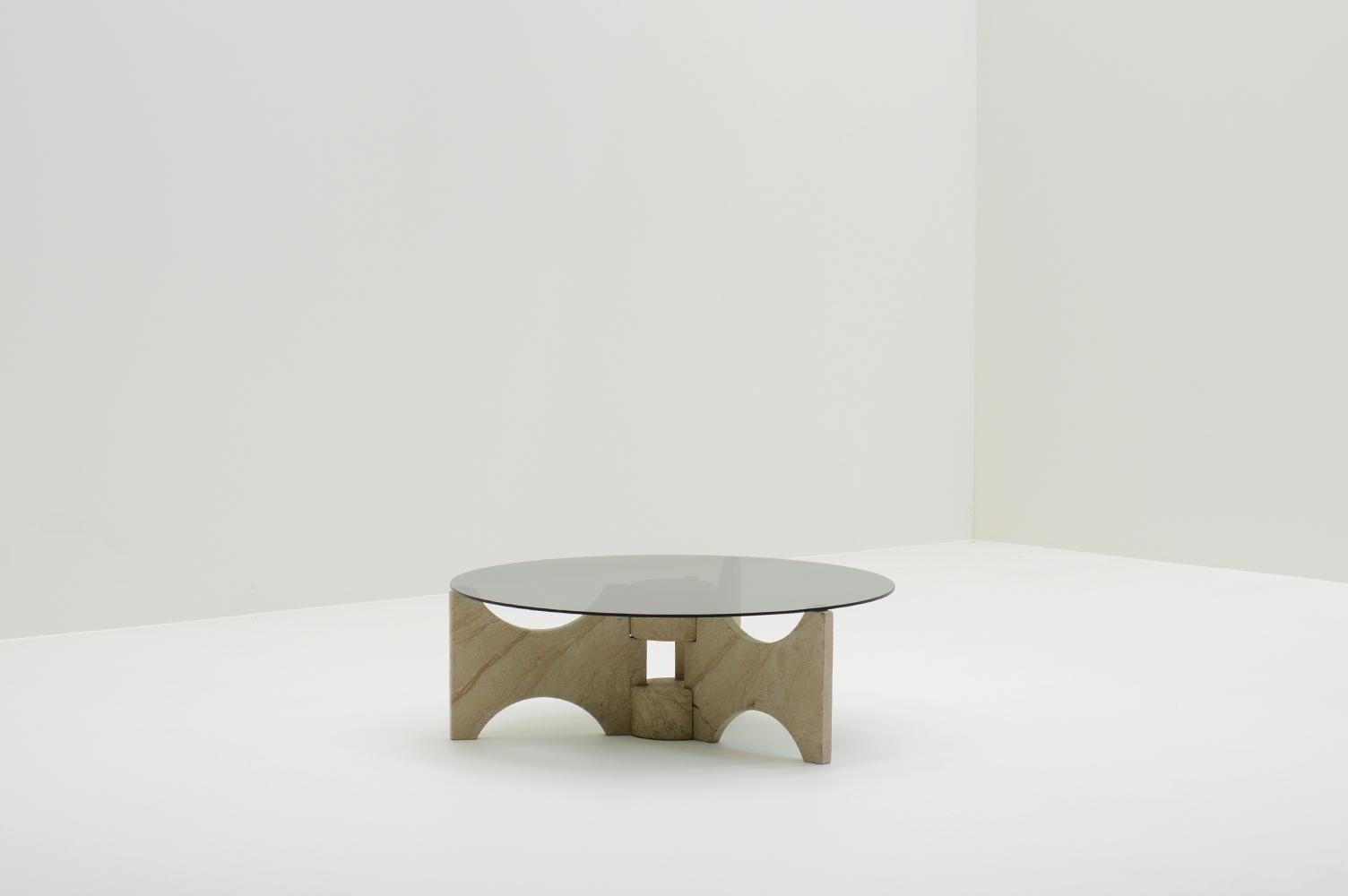 Mid-Century Modern Round Stone and Smoke Glass Coffee Table, Europe, 1970s