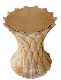Round Stone Drink Table (Jaisalmer), Hand-Carved Feather Table