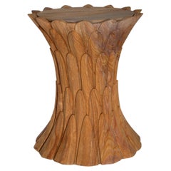 Round Stone Drink Table (Rainbow Teak), Hand-Carved Feather Table