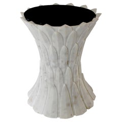 Round Stone Drink Table (White Marble), Hand-Carved Feather Table
