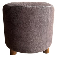 Round Stool in Coco Brown Linen with Hand Stitched Details and White Oak Legs