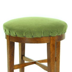 Round Stool in Green Fabric and Oak, Czechoslovakia, 1950s