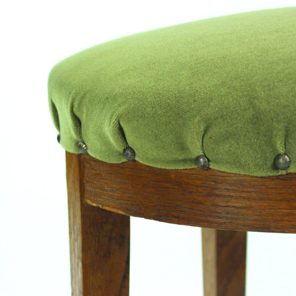 Bohemian Round Stool in Green Fabric and Oak, Czechoslovakia, 1950s For Sale